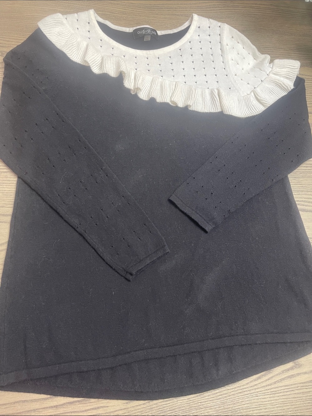 august silk Black Sweater with White Ruffle Yoke